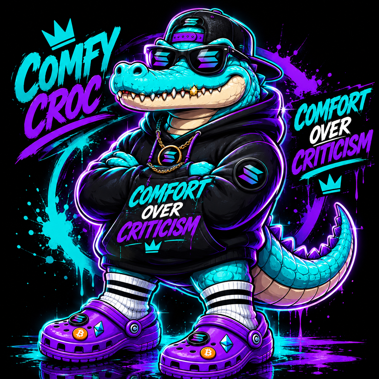 Comfy Croc mascot wearing Comfort Over Criticism hoodie